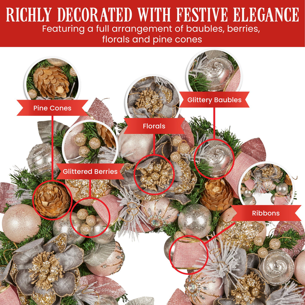 Christabelle 56cm Christmas Wreath Lush Pink Front Door Decoration Jewelled Baubles Flowers Pine Cones Ribbons Ornaments
