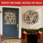 Christabelle 56cm Christmas Wreath Lush Pink Front Door Decoration Jewelled Baubles Flowers Pine Cones Ribbons Ornaments