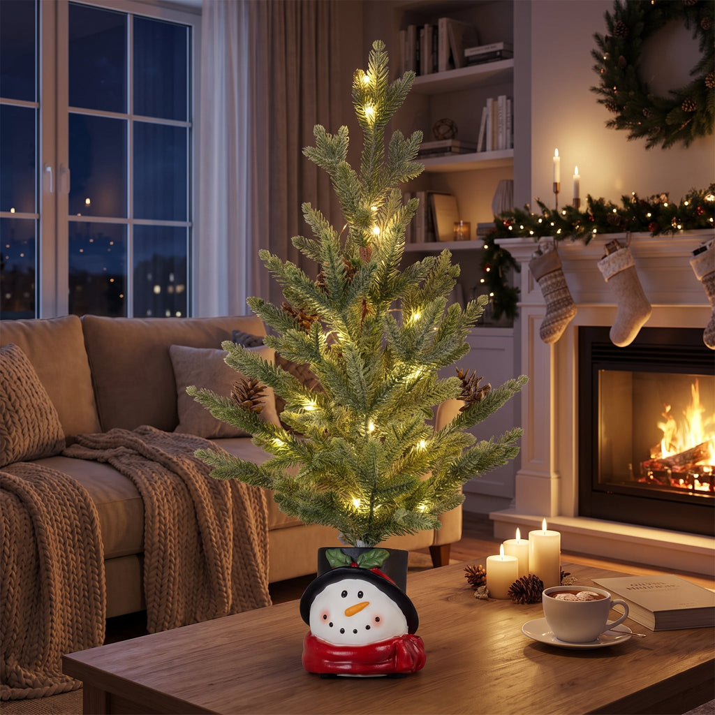 Christabelle 55cm Pre-Lit Artificial Tabletop Christmas Tree with LED Lights, Small Desk Xmas Tree in Snowman Pot