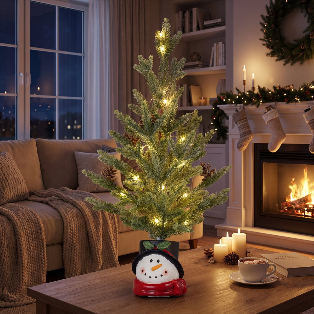 Christabelle 55cm Pre-Lit Artificial Tabletop Christmas Tree with LED Lights, Small Desk Xmas Tree in Snowman Pot