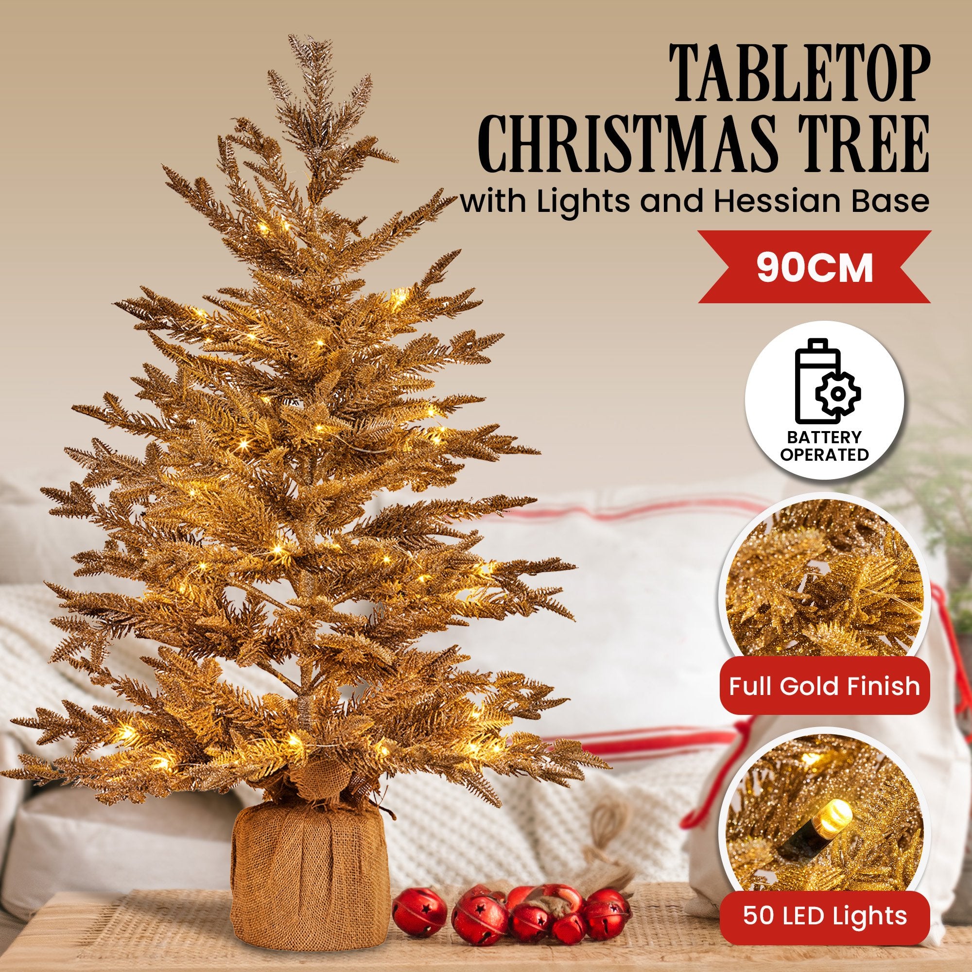 90cm Christmas Tree with Lights - Gold Fir in Hessian Base