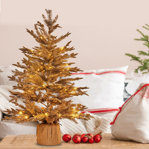 90cm Christmas Tree with Lights - Gold Fir in Hessian Base