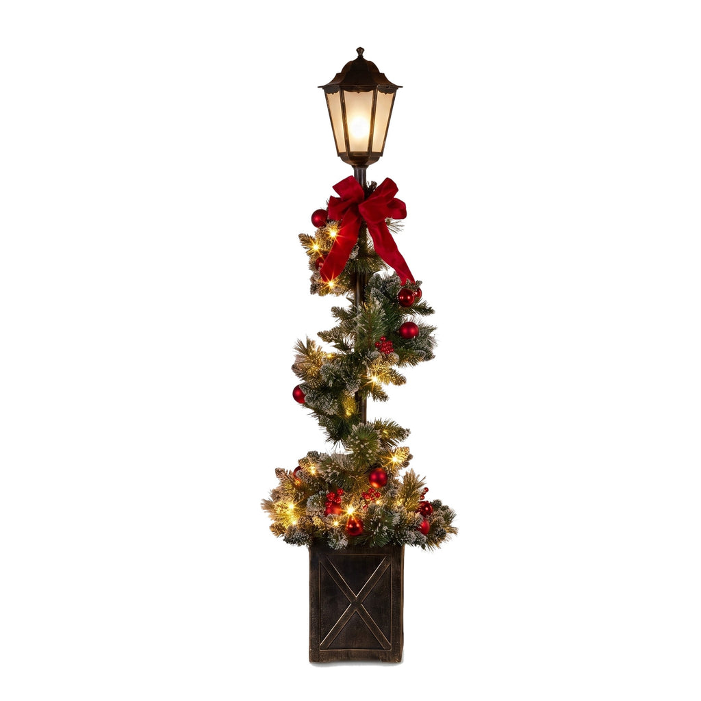 Christabelle 1.52m Lamp Post Christmas Light Up Display Bows Berries Baubles Green Foliage LED Pre Decorated