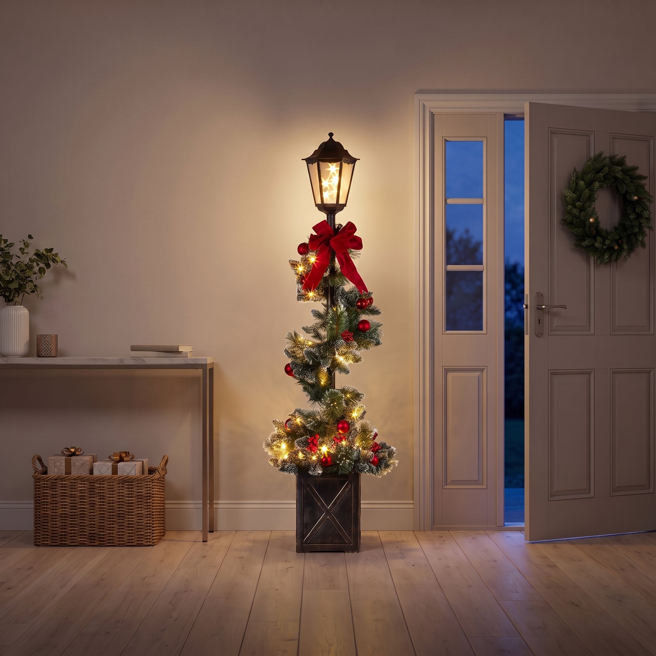 Christabelle 1.52m Lamp Post Christmas Light Up Display Bows Berries Baubles Green Foliage LED Pre Decorated