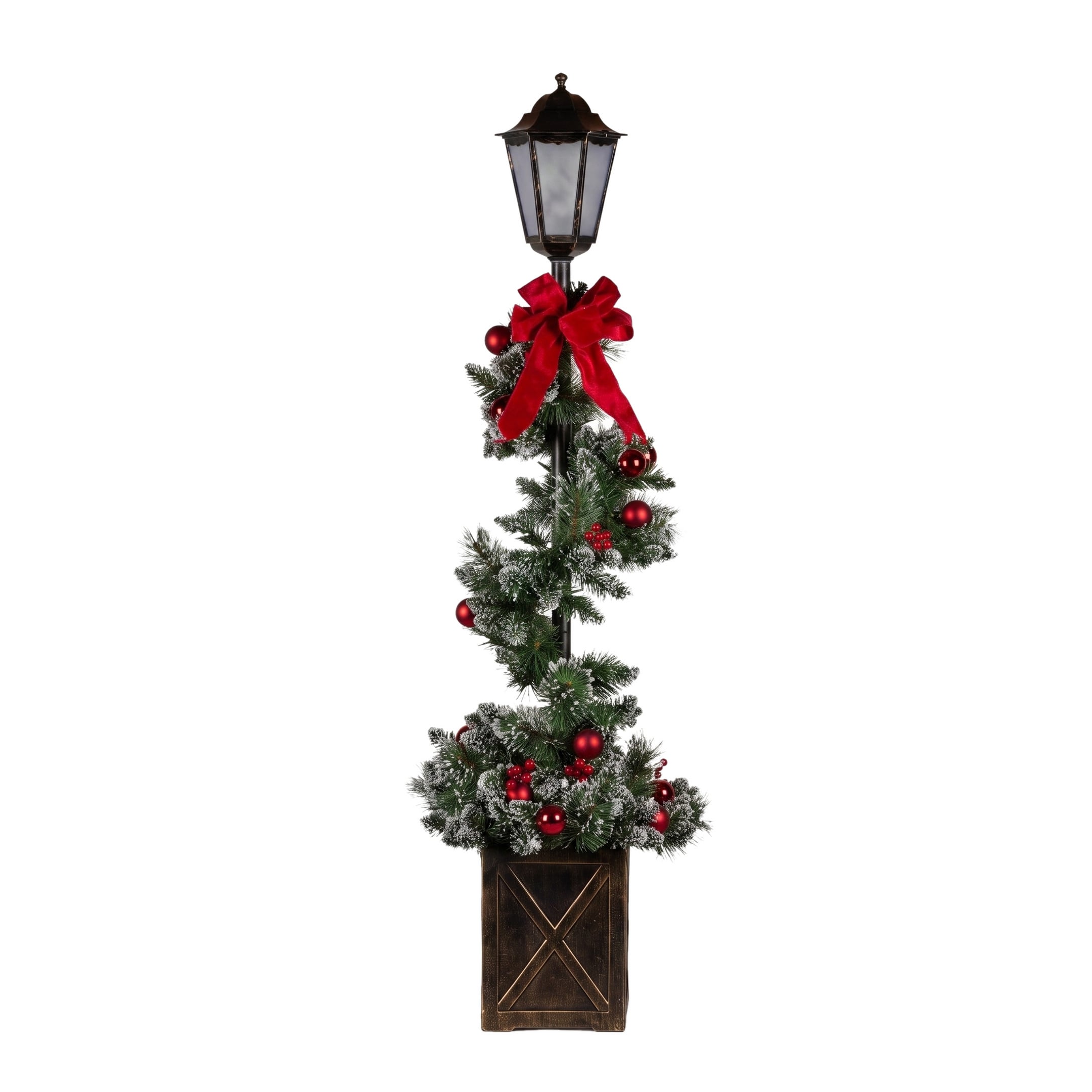 Christabelle 1.52m Lamp Post Christmas Light Up Display Bows Berries Baubles Green Foliage LED Pre Decorated