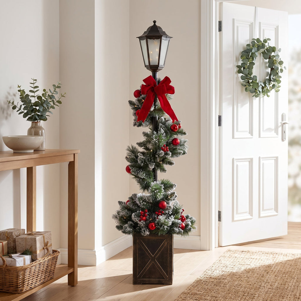 Christabelle 1.52m Lamp Post Christmas Light Up Display Bows Berries Baubles Green Foliage LED Pre Decorated