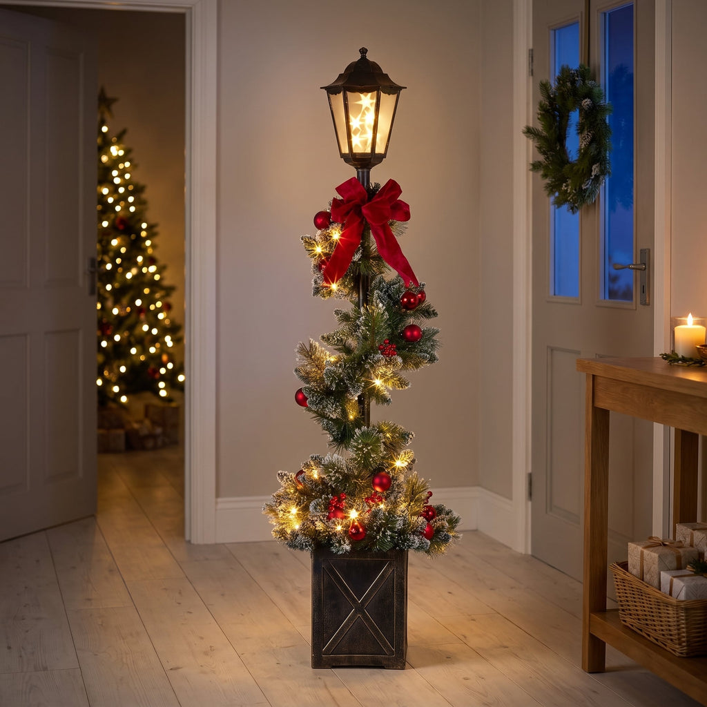 Christabelle 1.52m Lamp Post Christmas Light Up Display Bows Berries Baubles Green Foliage LED Pre Decorated
