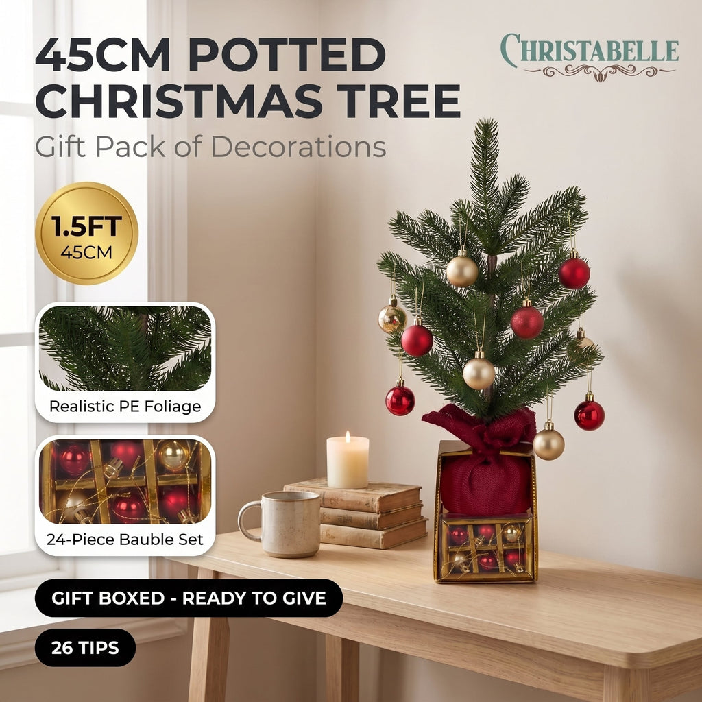 Christabelle 45cm 1.5ft Potted Christmas Tree Decorations Gift Pack Hessian Red Gold Baubles Festive Holiday Decoration