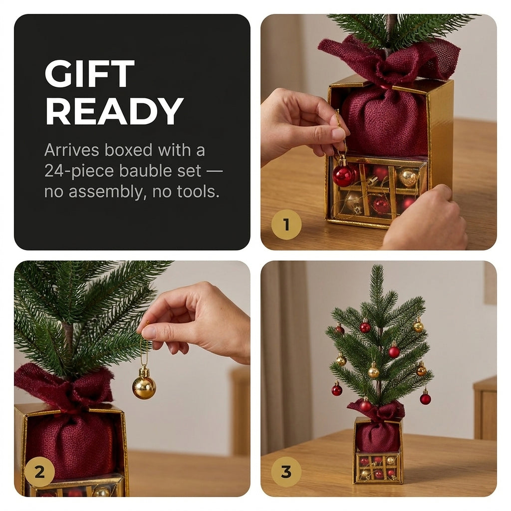 Christabelle 45cm 1.5ft Potted Christmas Tree Decorations Gift Pack Hessian Red Gold Baubles Festive Holiday Decoration