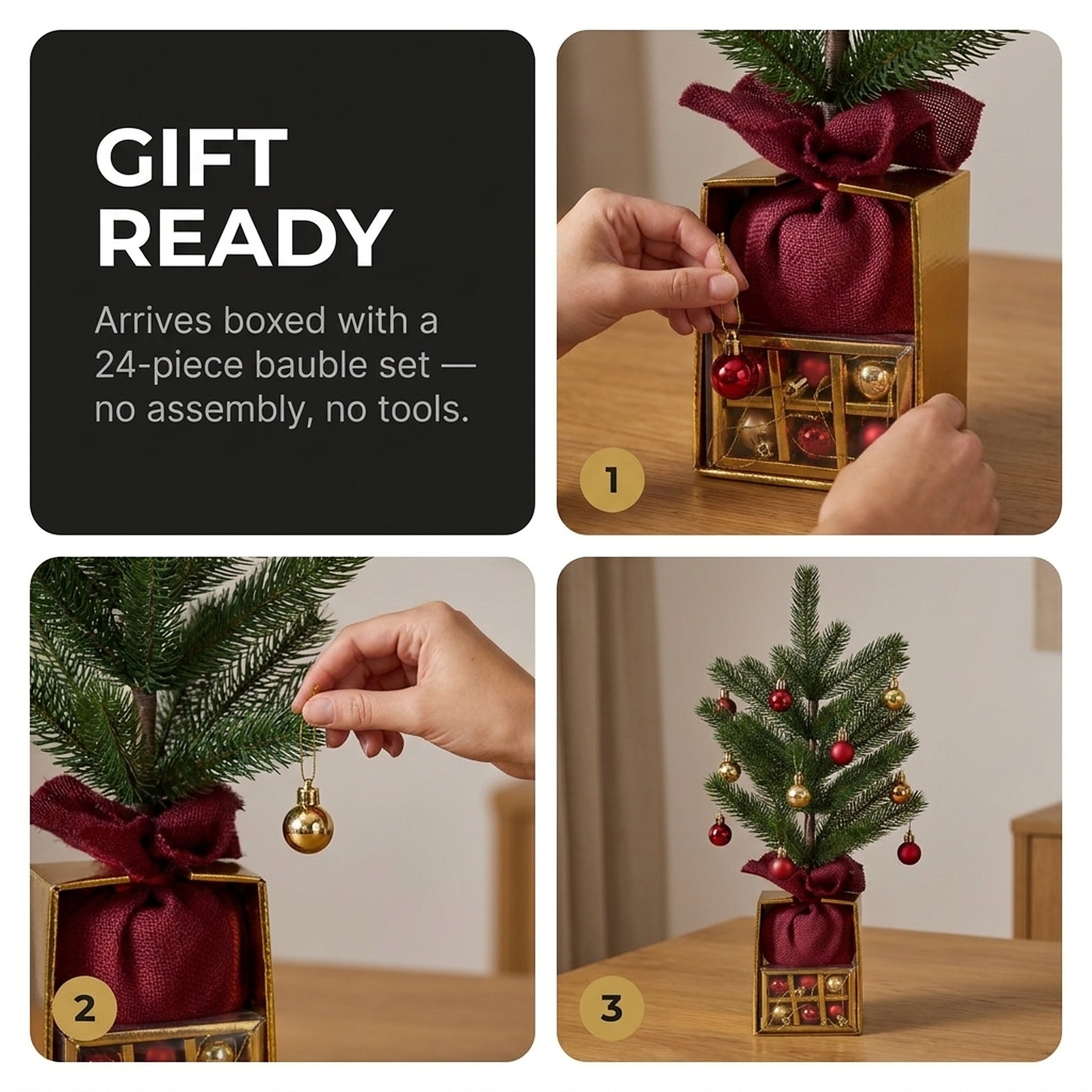 Christabelle 45cm 1.5ft Potted Christmas Tree Decorations Gift Pack Hessian Red Gold Baubles Festive Holiday Decoration