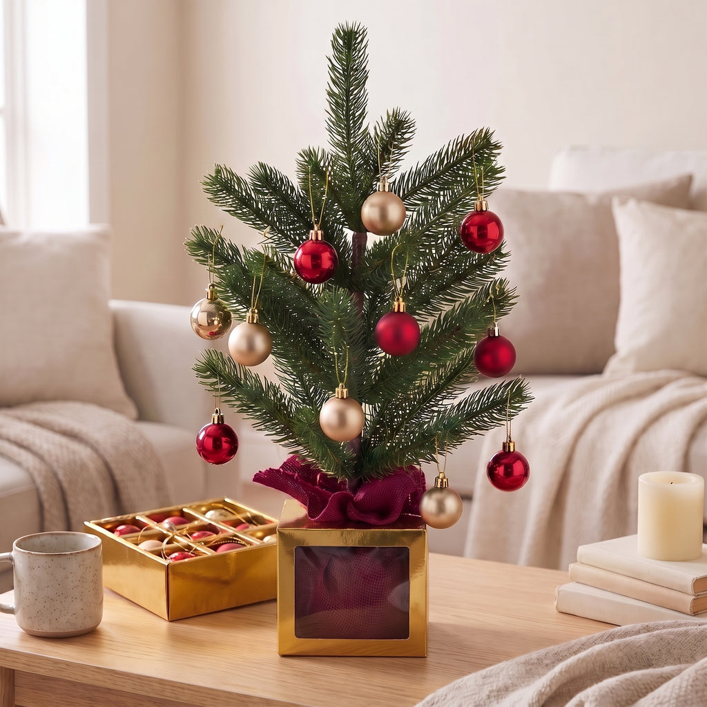 Christabelle 45cm 1.5ft Potted Christmas Tree Decorations Gift Pack Hessian Red Gold Baubles Festive Holiday Decoration