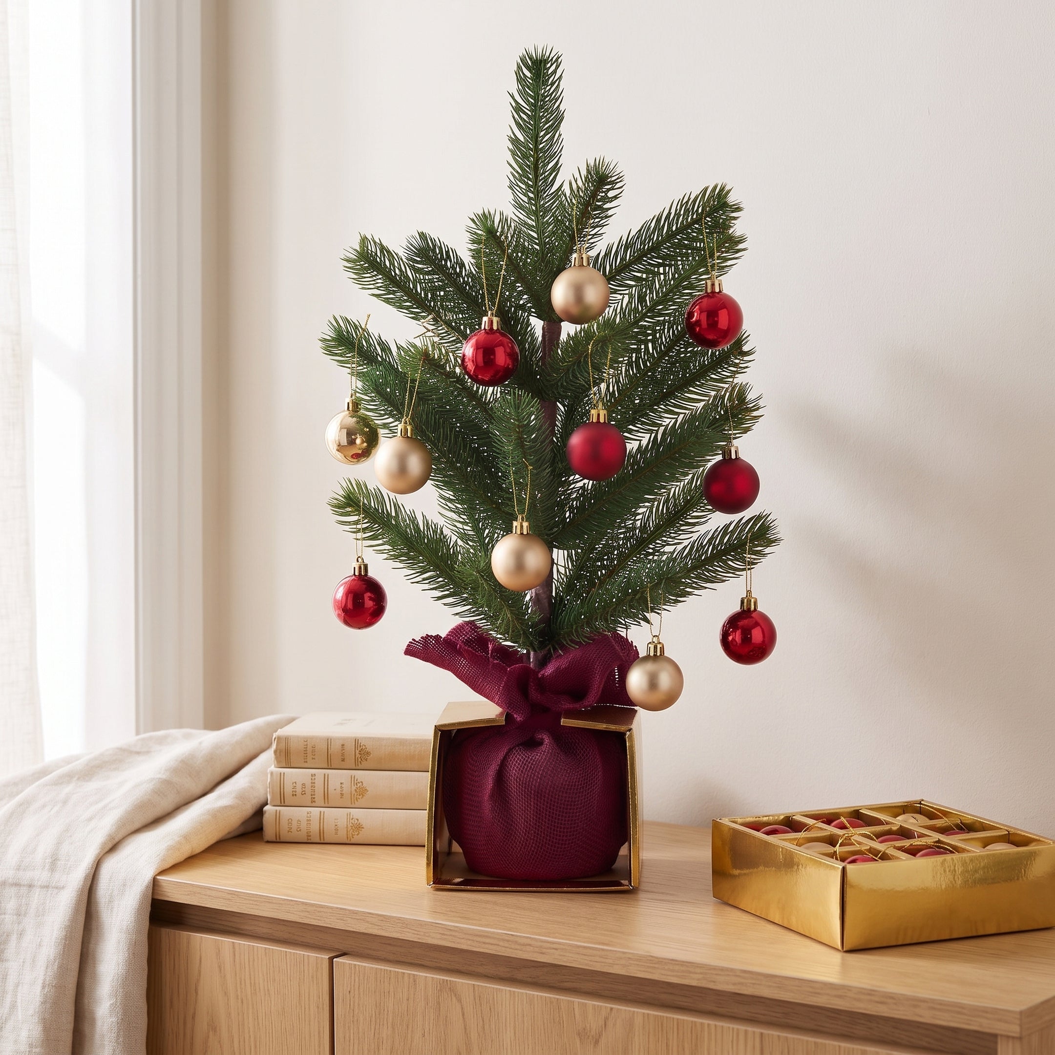 Christabelle 45cm 1.5ft Potted Christmas Tree Decorations Gift Pack Hessian Red Gold Baubles Festive Holiday Decoration