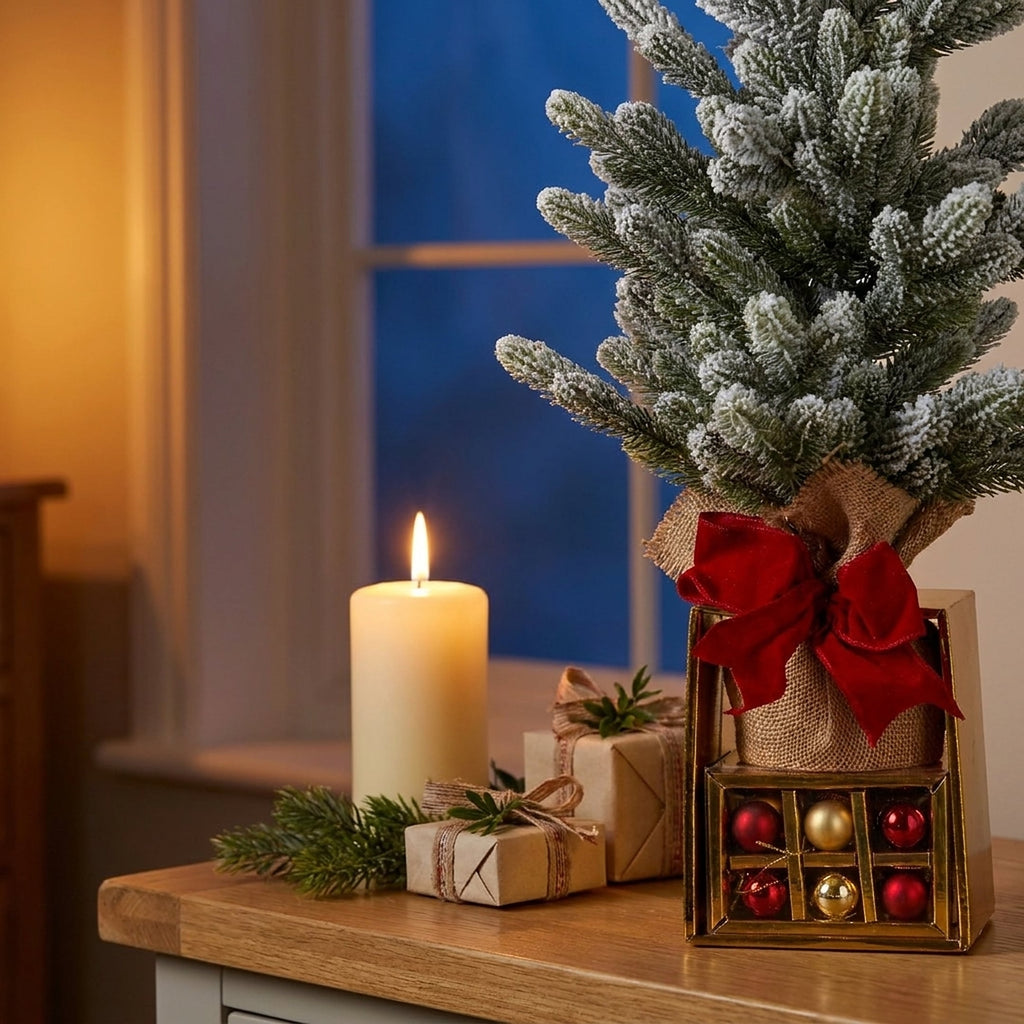 Christabelle 45cm 1.5ft Snowy Potted Christmas Tree Decorations Gift Pack Hessian Red Gold Baubles Tabletop Mini Compact