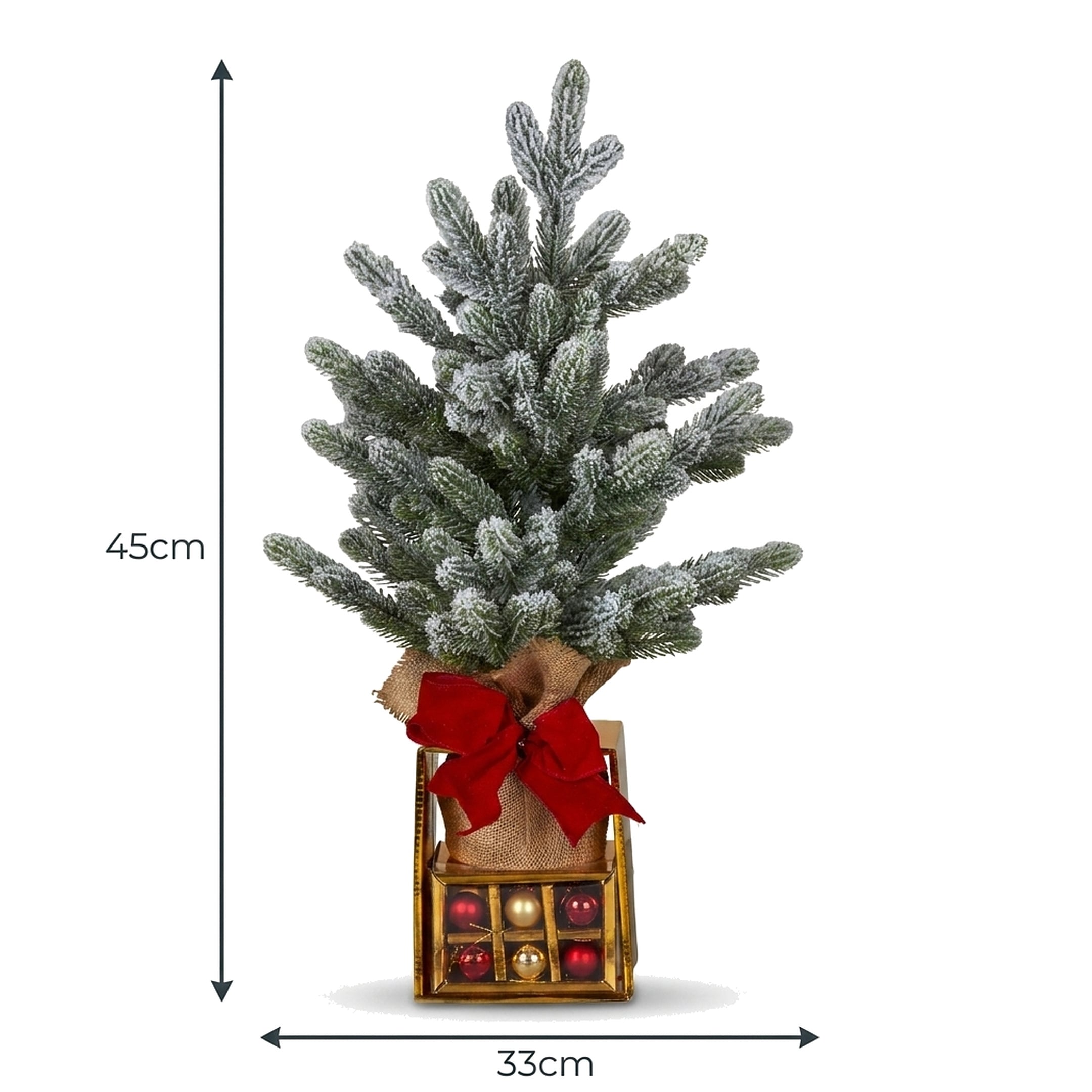 Christabelle 45cm 1.5ft Snowy Potted Christmas Tree Decorations Gift Pack Hessian Red Gold Baubles Tabletop Mini Compact