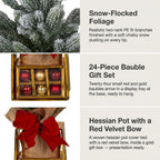 Christabelle 45cm 1.5ft Snowy Potted Christmas Tree Decorations Gift Pack Hessian Red Gold Baubles Tabletop Mini Compact