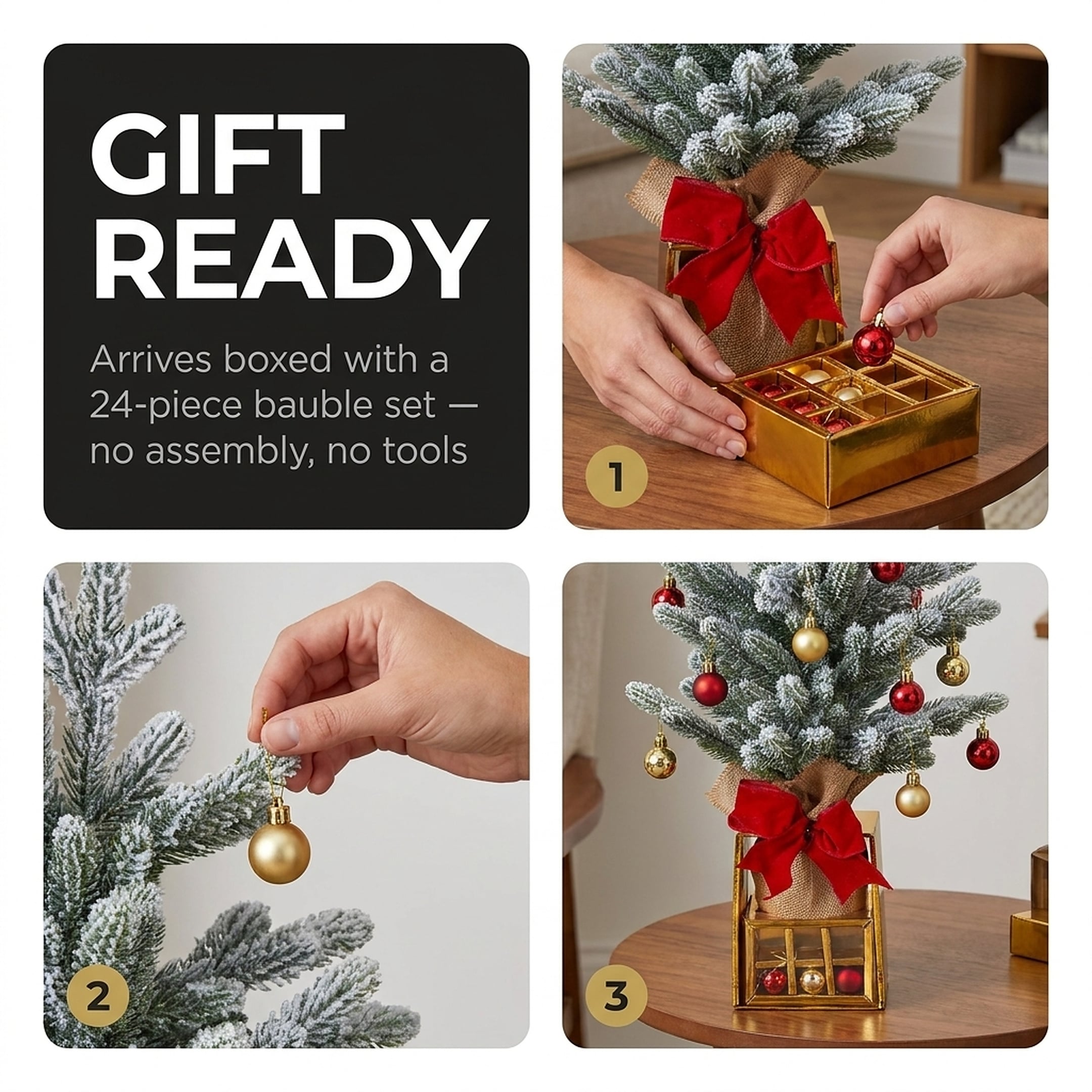 Christabelle 45cm 1.5ft Snowy Potted Christmas Tree Decorations Gift Pack Hessian Red Gold Baubles Tabletop Mini Compact