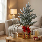 Christabelle 45cm 1.5ft Snowy Potted Christmas Tree Decorations Gift Pack Hessian Red Gold Baubles Tabletop Mini Compact