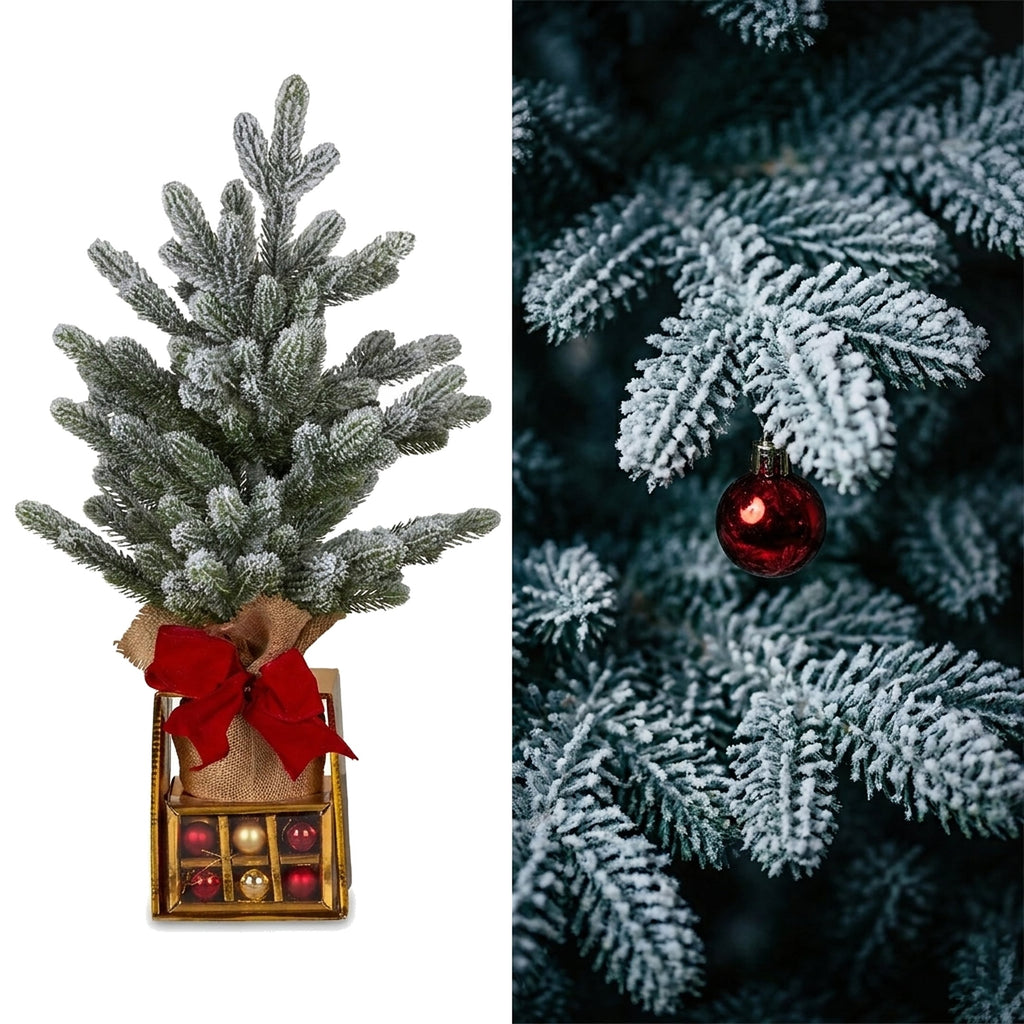 Christabelle 45cm 1.5ft Snowy Potted Christmas Tree Decorations Gift Pack Hessian Red Gold Baubles Tabletop Mini Compact