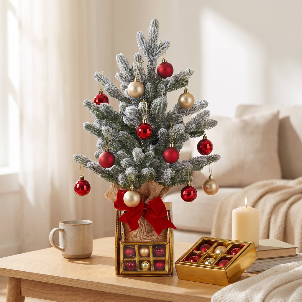 Christabelle 45cm 1.5ft Snowy Potted Christmas Tree Decorations Gift Pack Hessian Red Gold Baubles Tabletop Mini Compact