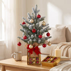 Christabelle 45cm 1.5ft Snowy Potted Christmas Tree Decorations Gift Pack Hessian Red Gold Baubles Tabletop Mini Compact