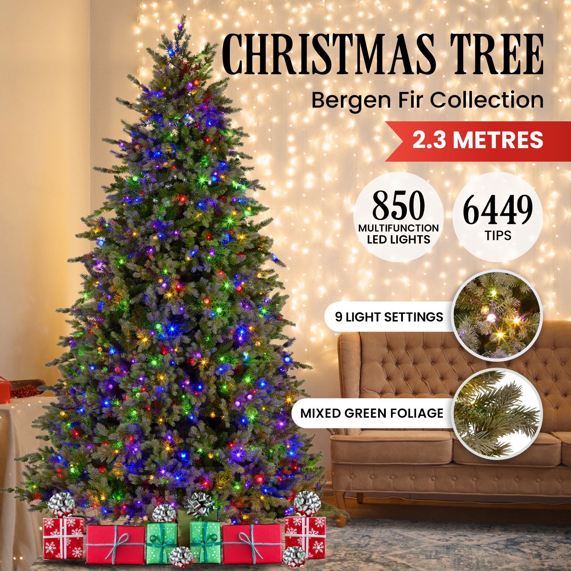 2.3M Bergen Fir Multicolour Pre-Lit Christmas Tree