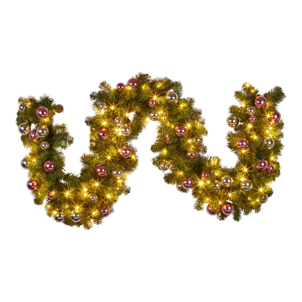 Christmas Garland with Lights 274cm with Pink & Silver Baubles