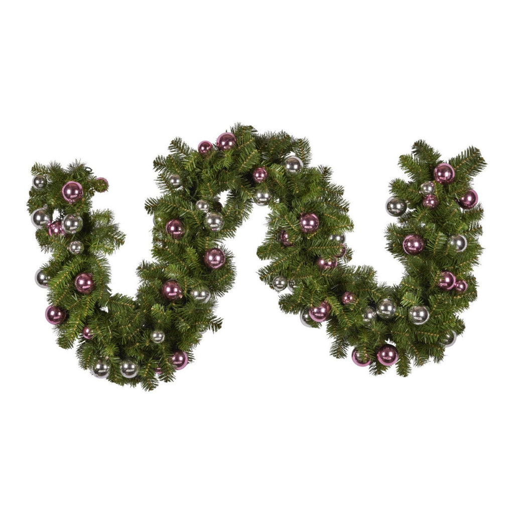 Christmas Garland with Lights 274cm with Pink & Silver Baubles