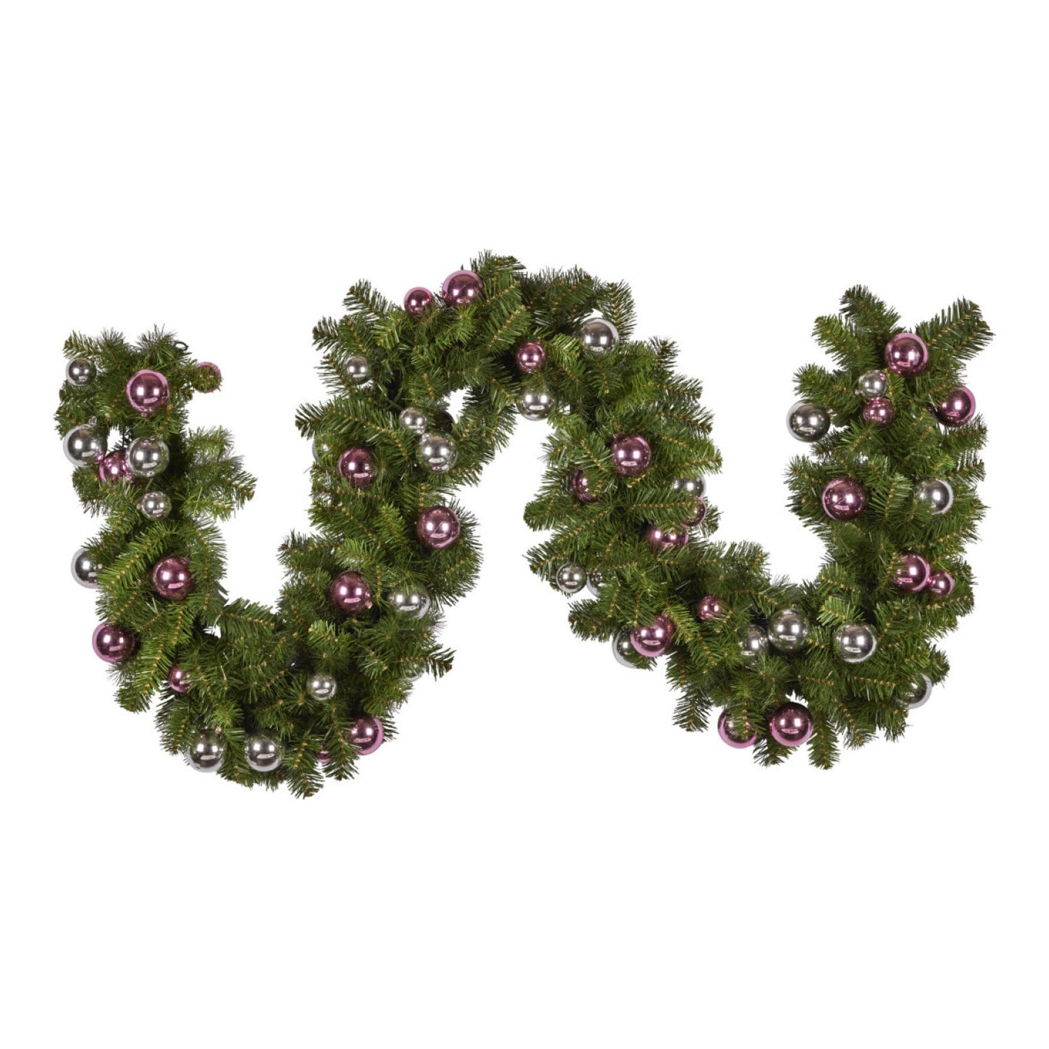 Christmas Garland with Lights 274cm with Pink & Silver Baubles