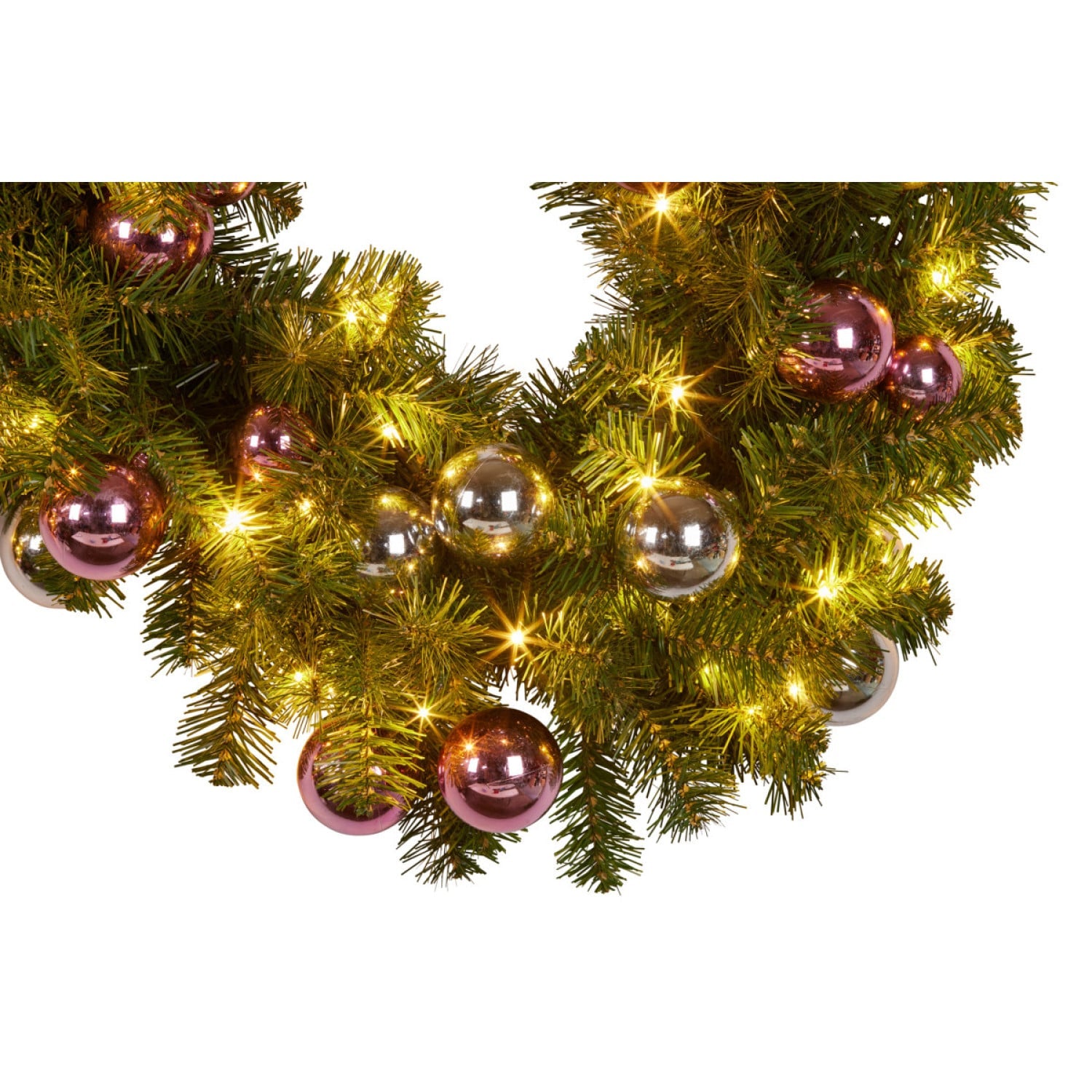 Christmas Garland with Lights 274cm with Pink & Silver Baubles