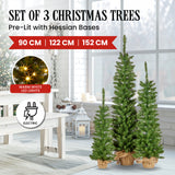 152cm 122cm 90cm Set of 3 Pre-Lit Christmas Trees with Hessian Bases
