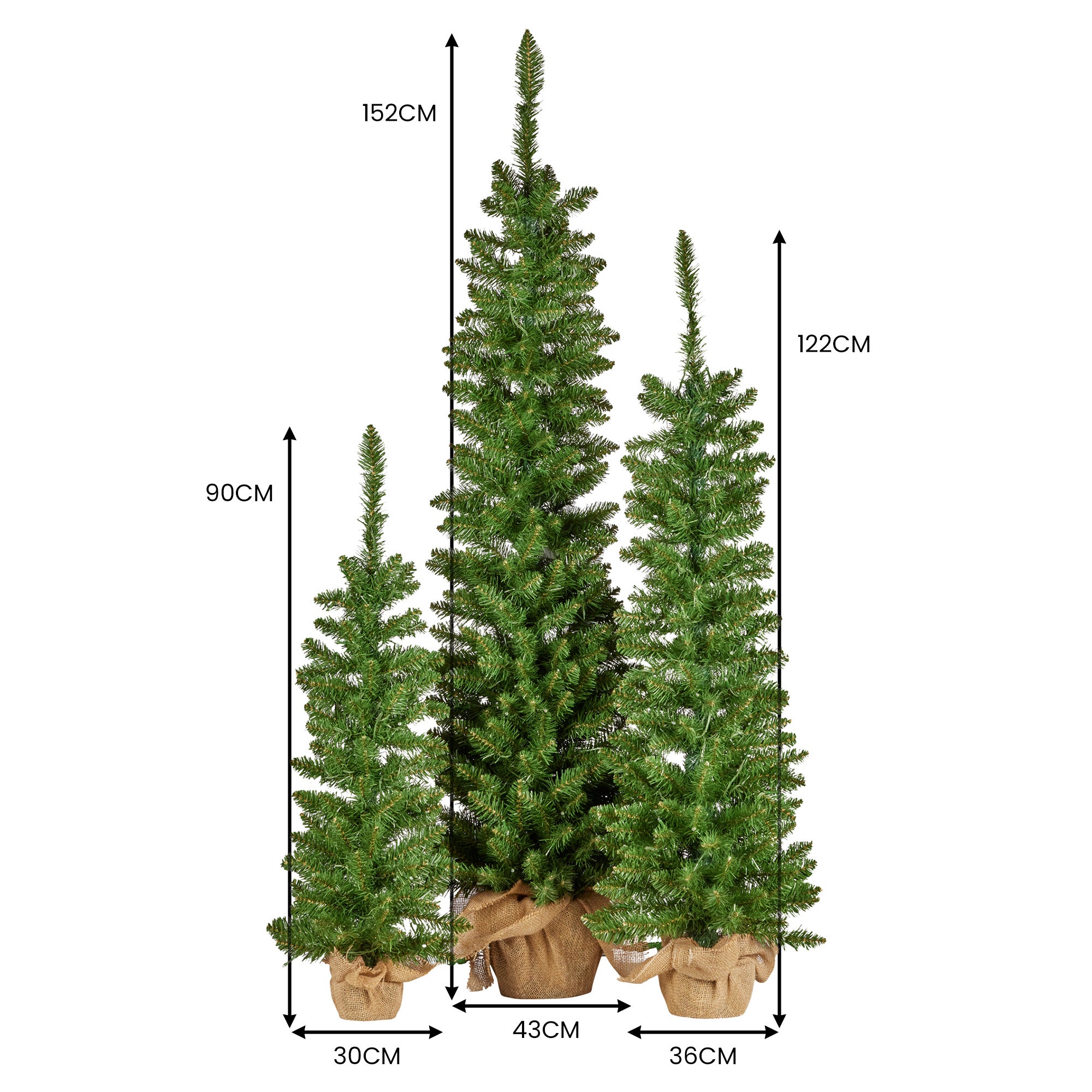 152cm 122cm 90cm Set of 3 Pre-Lit Christmas Trees with Hessian Bases