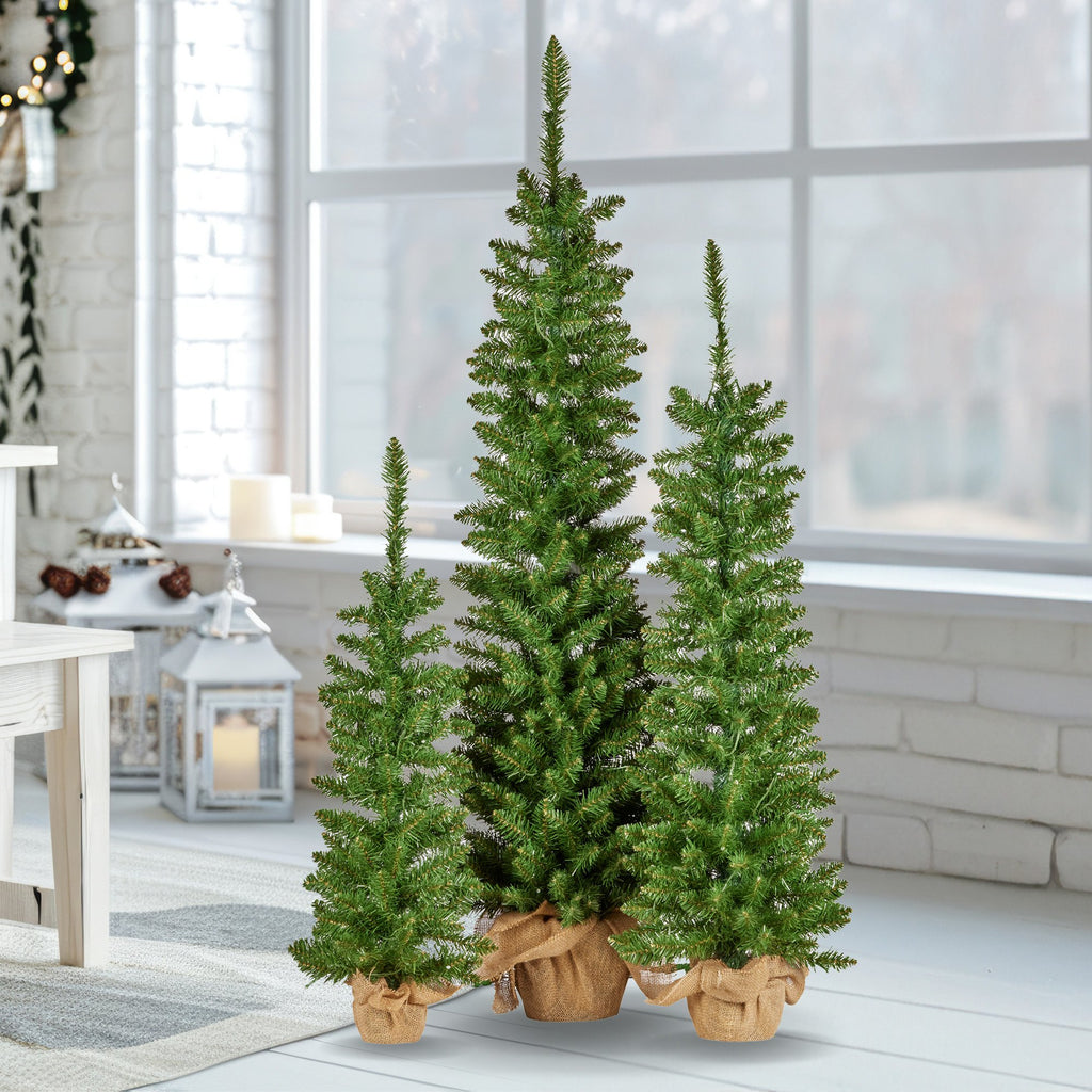 152cm 122cm 90cm Set of 3 Pre-Lit Christmas Trees with Hessian Bases