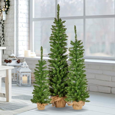 152cm 122cm 90cm Set of 3 Pre-Lit Christmas Trees with Hessian Bases