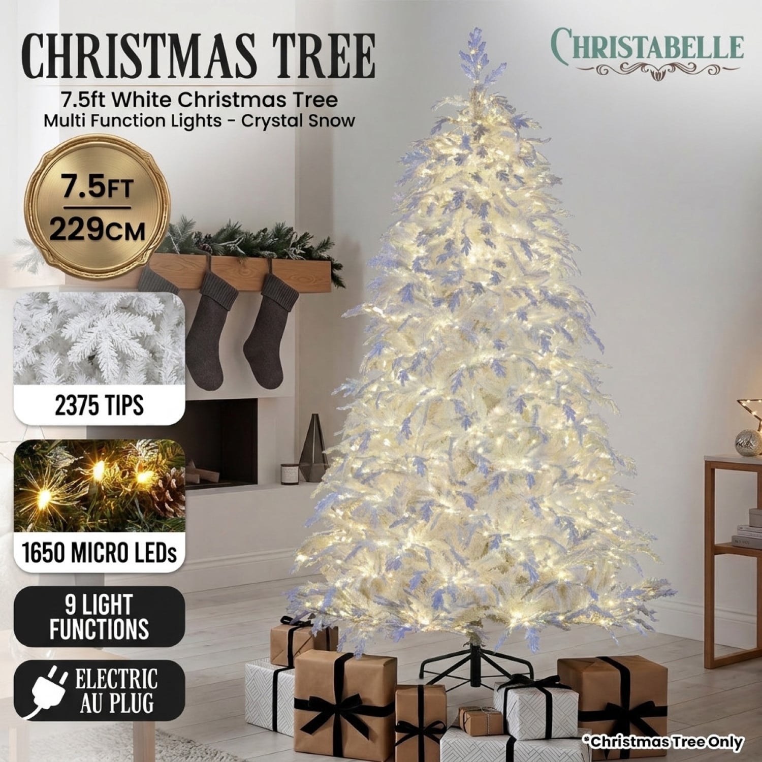Christabelle 2.3m 7.5ft Crystal Snow Christmas Tree Pre Lit Multi Function Micro LED Artificial Indoor Xmas Decor Home