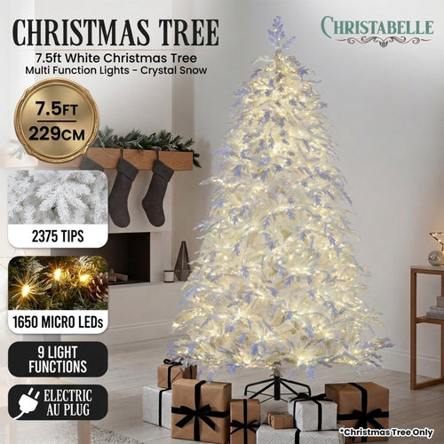 7.5ft 2.3m Pre-Lit White Flocked Artificial Christmas Tree, 1650 Multi-Function Micro LED Lights with Metal Stand