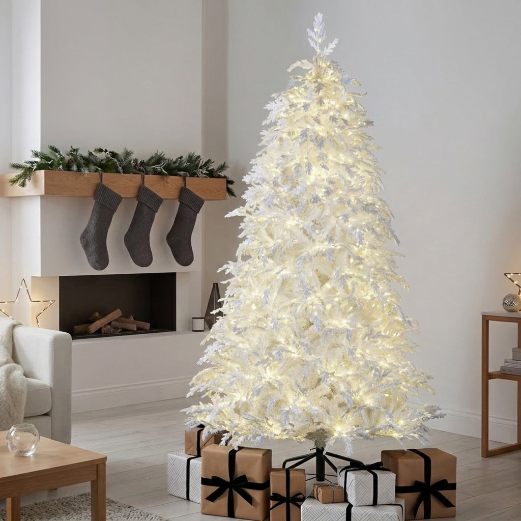Christabelle 2.3m 7.5ft Crystal Snow Christmas Tree Pre Lit Multi Function Micro LED Artificial Indoor Xmas Decor Home