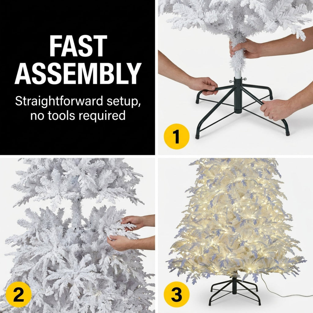 Christabelle 2.3m 7.5ft Crystal Snow Christmas Tree Pre Lit Multi Function Micro LED Artificial Indoor Xmas Decor Home