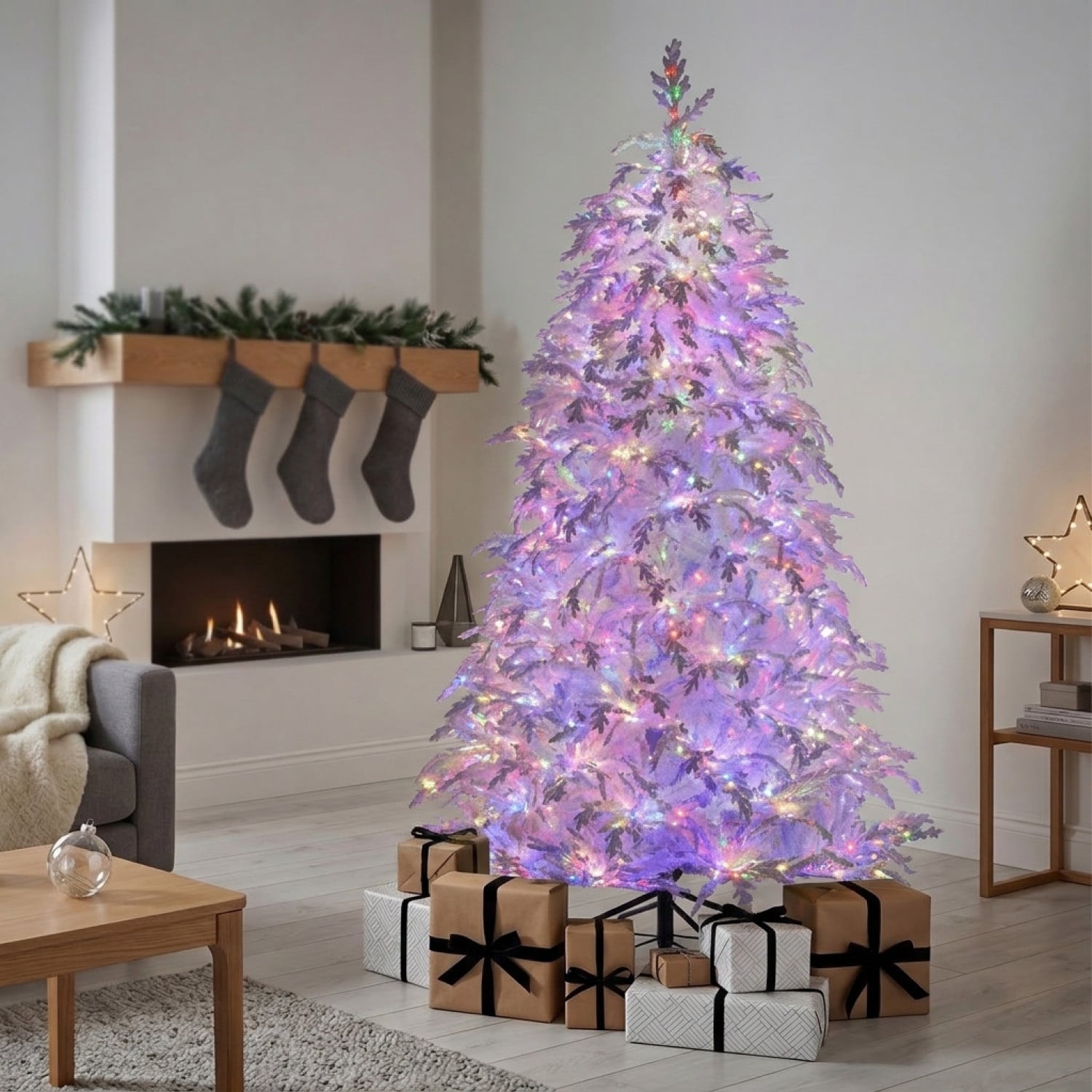 Christabelle 2.3m 7.5ft Crystal Snow Christmas Tree Pre Lit Multi Function Micro LED Artificial Indoor Xmas Decor Home