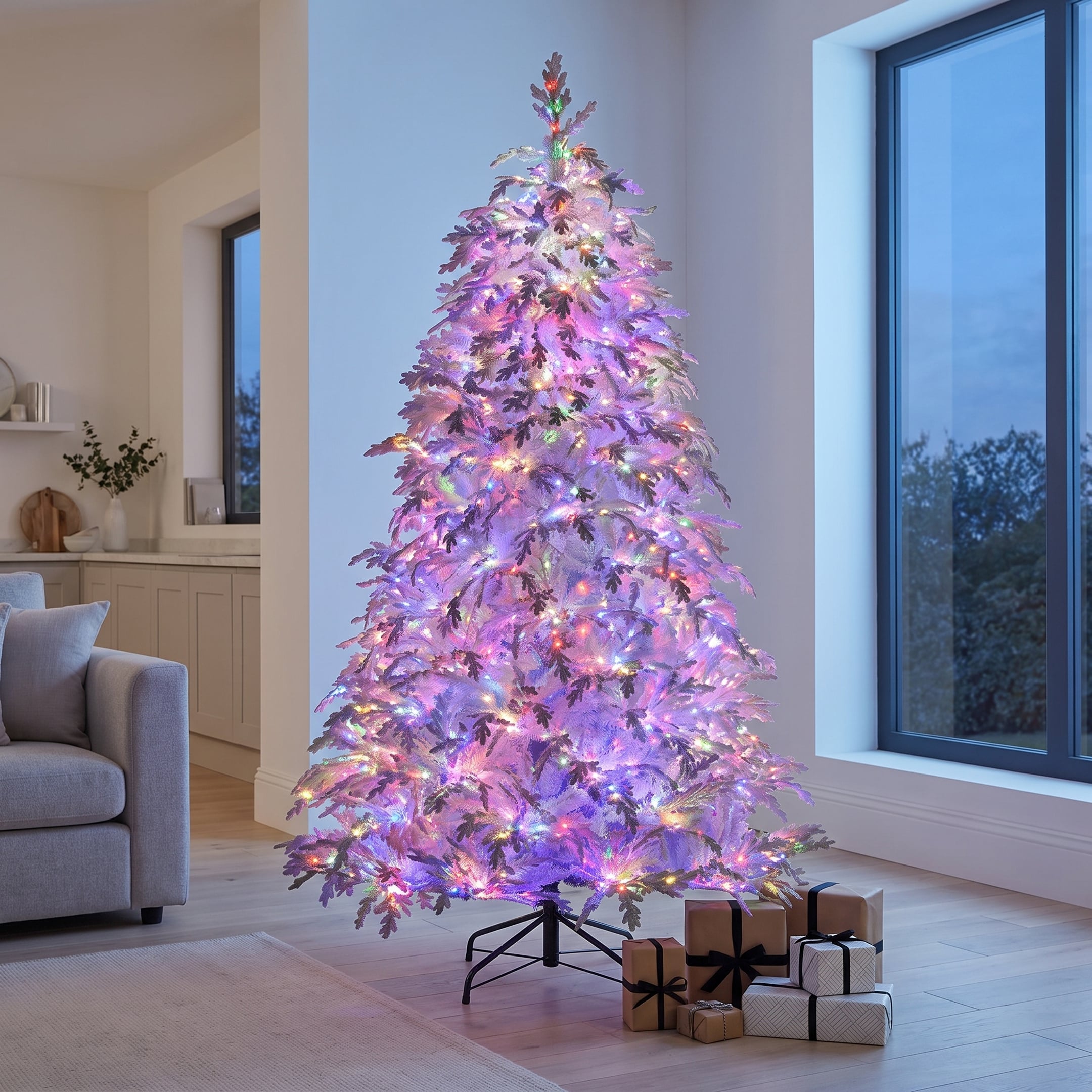 Christabelle 2.3m 7.5ft Crystal Snow Christmas Tree Pre Lit Multi Function Micro LED Artificial Indoor Xmas Decor Home