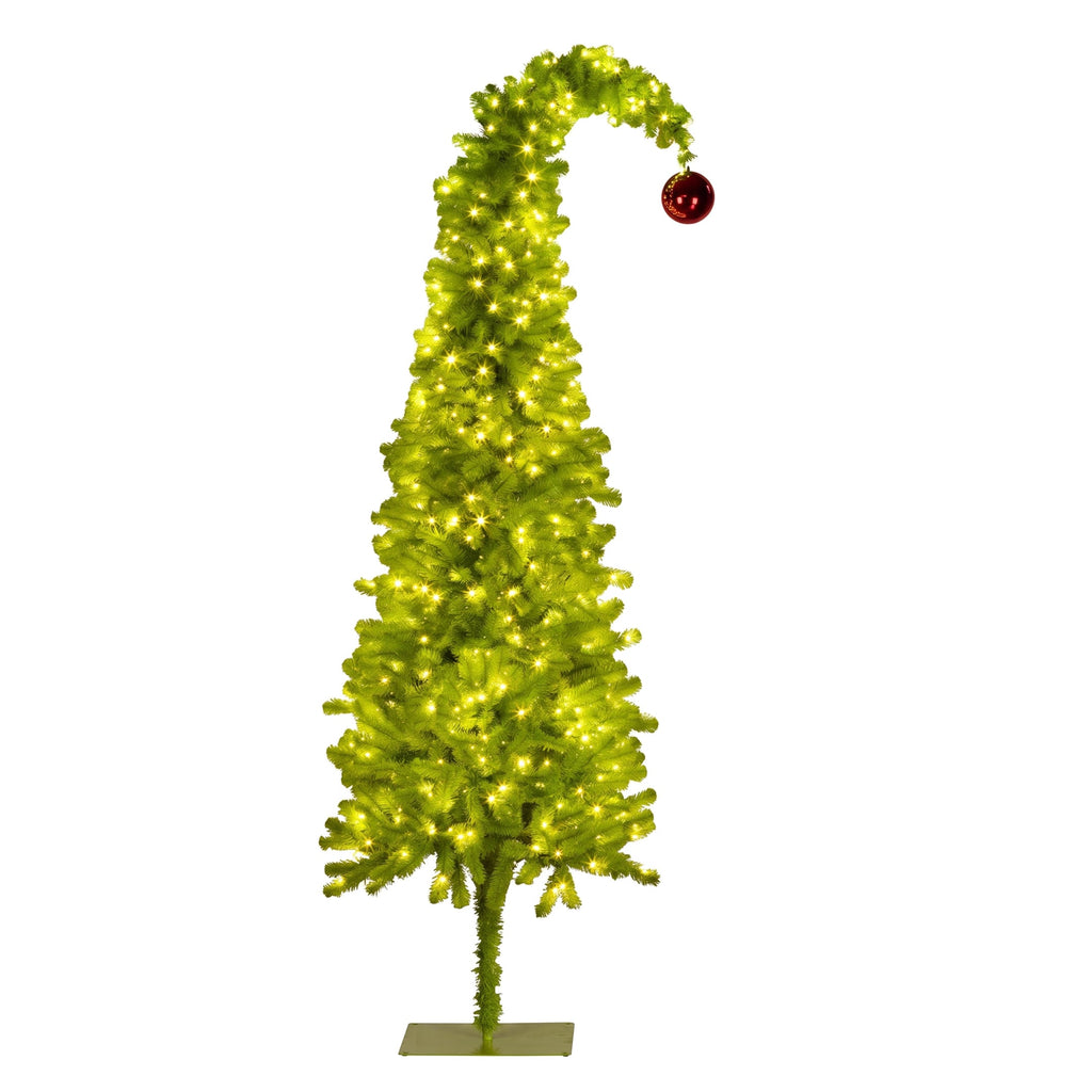 Christabelle 1.8m 6ft Gremlin Christmas Tree Pre Lit Green White LED Curved Top Red Bauble Artificial Indoor Xmas Decor