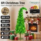 Christabelle 1.8m 6ft Gremlin Christmas Tree Pre Lit Green White LED Curved Top Red Bauble Artificial Indoor Xmas Decor