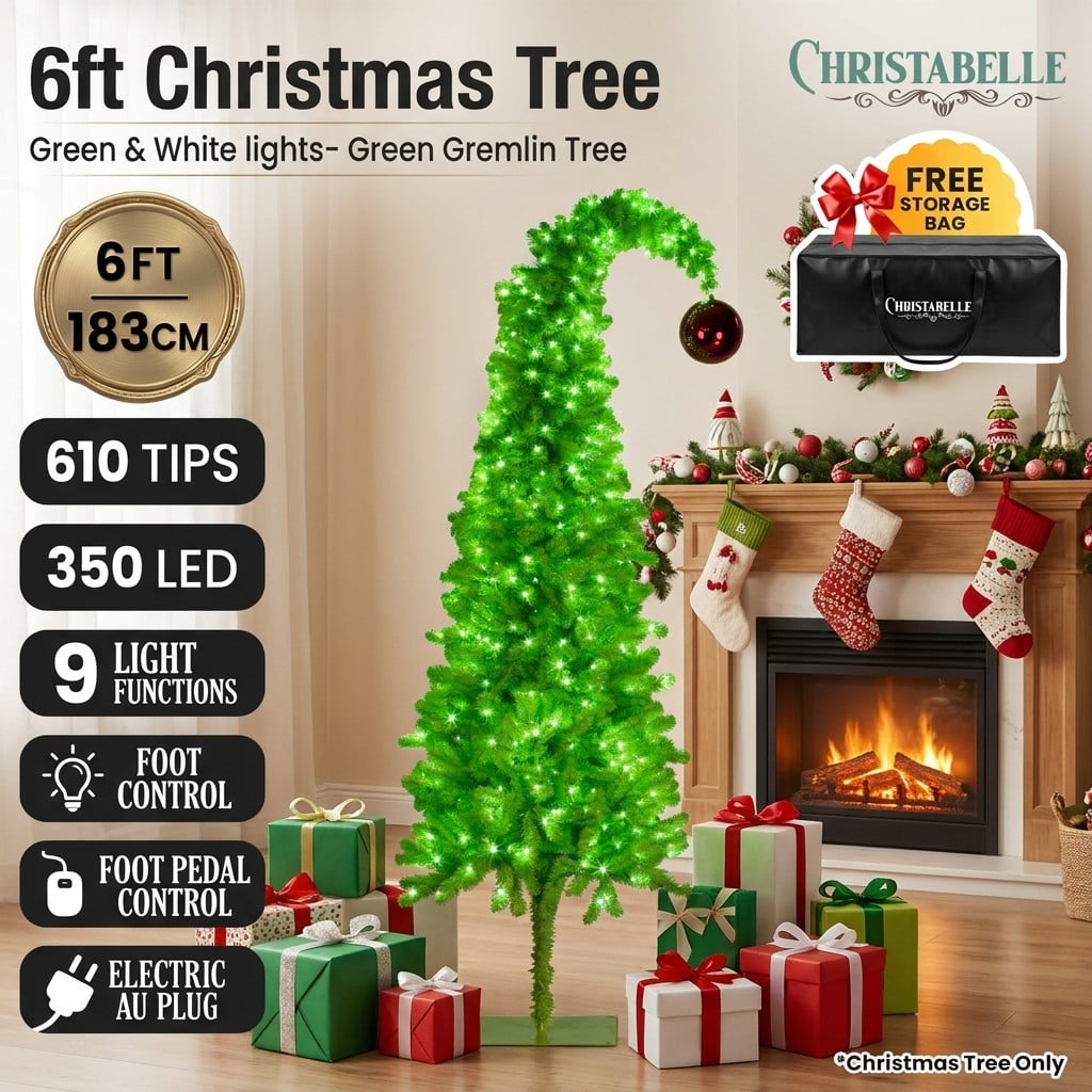 Christabelle 1.8m 6ft Gremlin Christmas Tree Pre Lit Green White LED Curved Top Red Bauble Artificial Indoor Xmas Decor