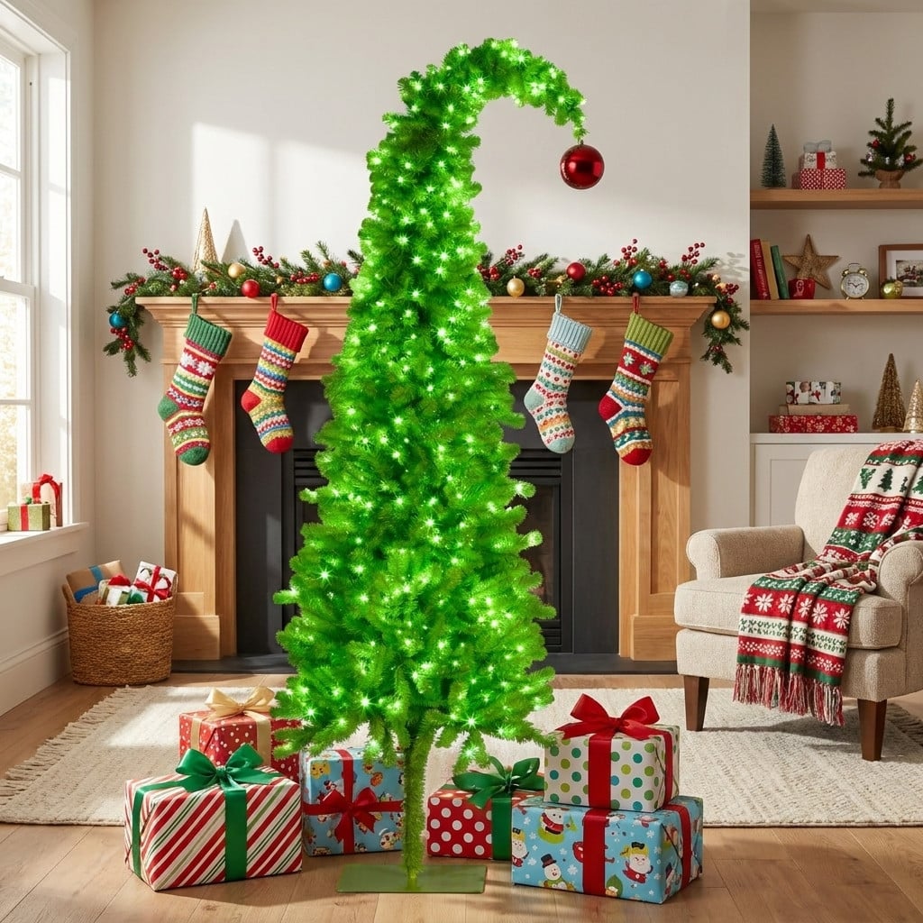 Christabelle 1.8m 6ft Gremlin Christmas Tree Pre Lit Green White LED Curved Top Red Bauble Artificial Indoor Xmas Decor