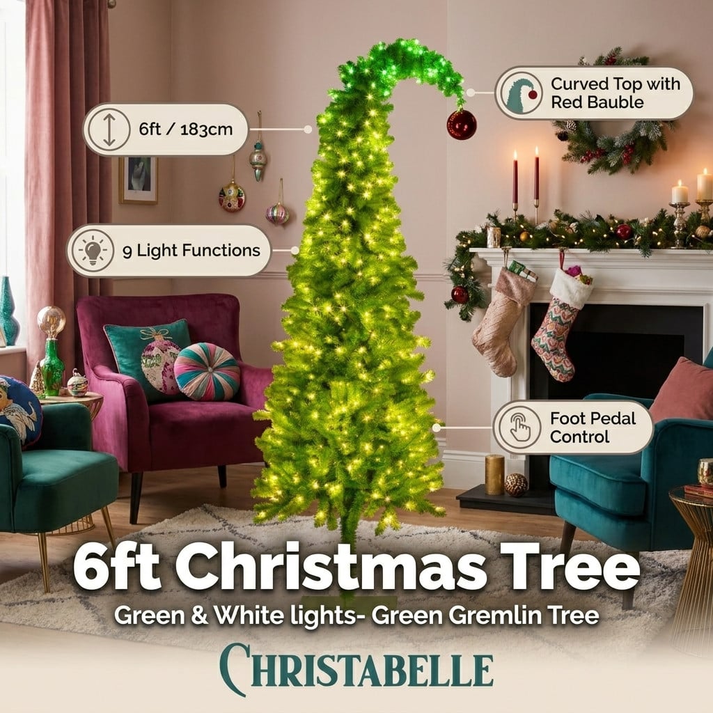 Christabelle 1.8m 6ft Gremlin Christmas Tree Pre Lit Green White LED Curved Top Red Bauble Artificial Indoor Xmas Decor
