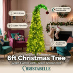 Christabelle 1.8m 6ft Gremlin Christmas Tree Pre Lit Green White LED Curved Top Red Bauble Artificial Indoor Xmas Decor