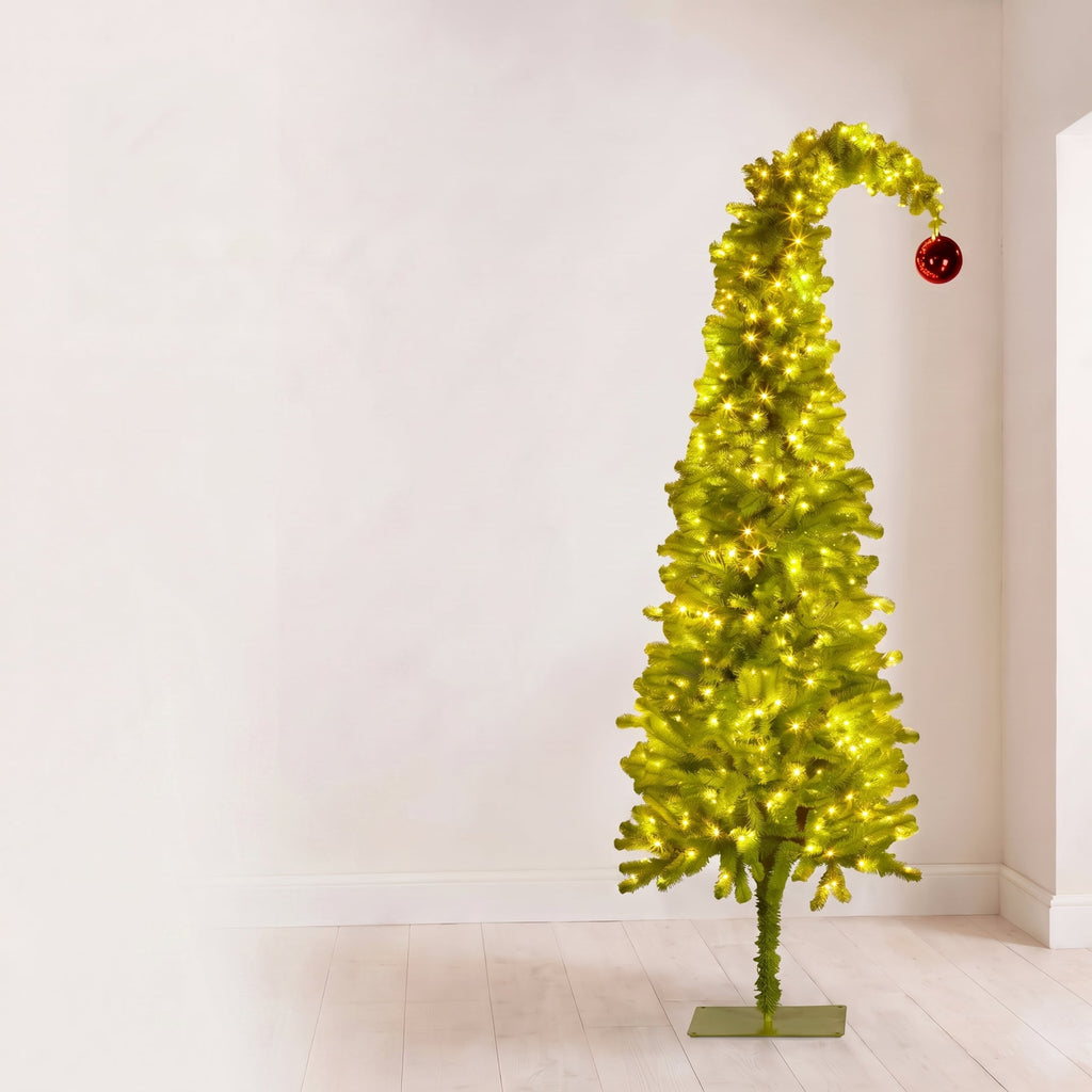 Christabelle 1.8m 6ft Gremlin Christmas Tree Pre Lit Green White LED Curved Top Red Bauble Artificial Indoor Xmas Decor