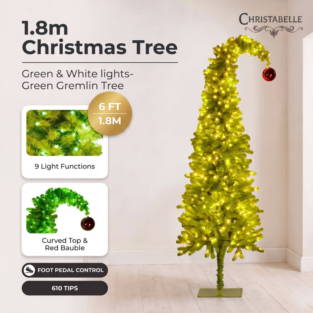Christabelle 1.8m 6ft Gremlin Christmas Tree Pre Lit Green White LED Curved Top Red Bauble Artificial Indoor Xmas Decor