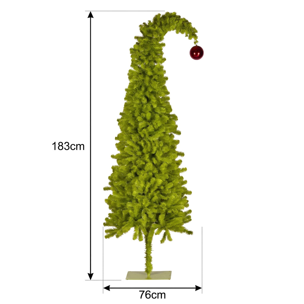 Christabelle 1.8m 6ft Gremlin Christmas Tree Pre Lit Green White LED Curved Top Red Bauble Artificial Indoor Xmas Decor