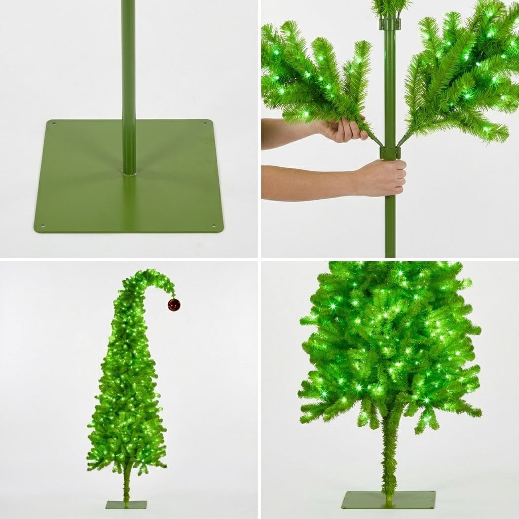 Christabelle 1.8m 6ft Gremlin Christmas Tree Pre Lit Green White LED Curved Top Red Bauble Artificial Indoor Xmas Decor