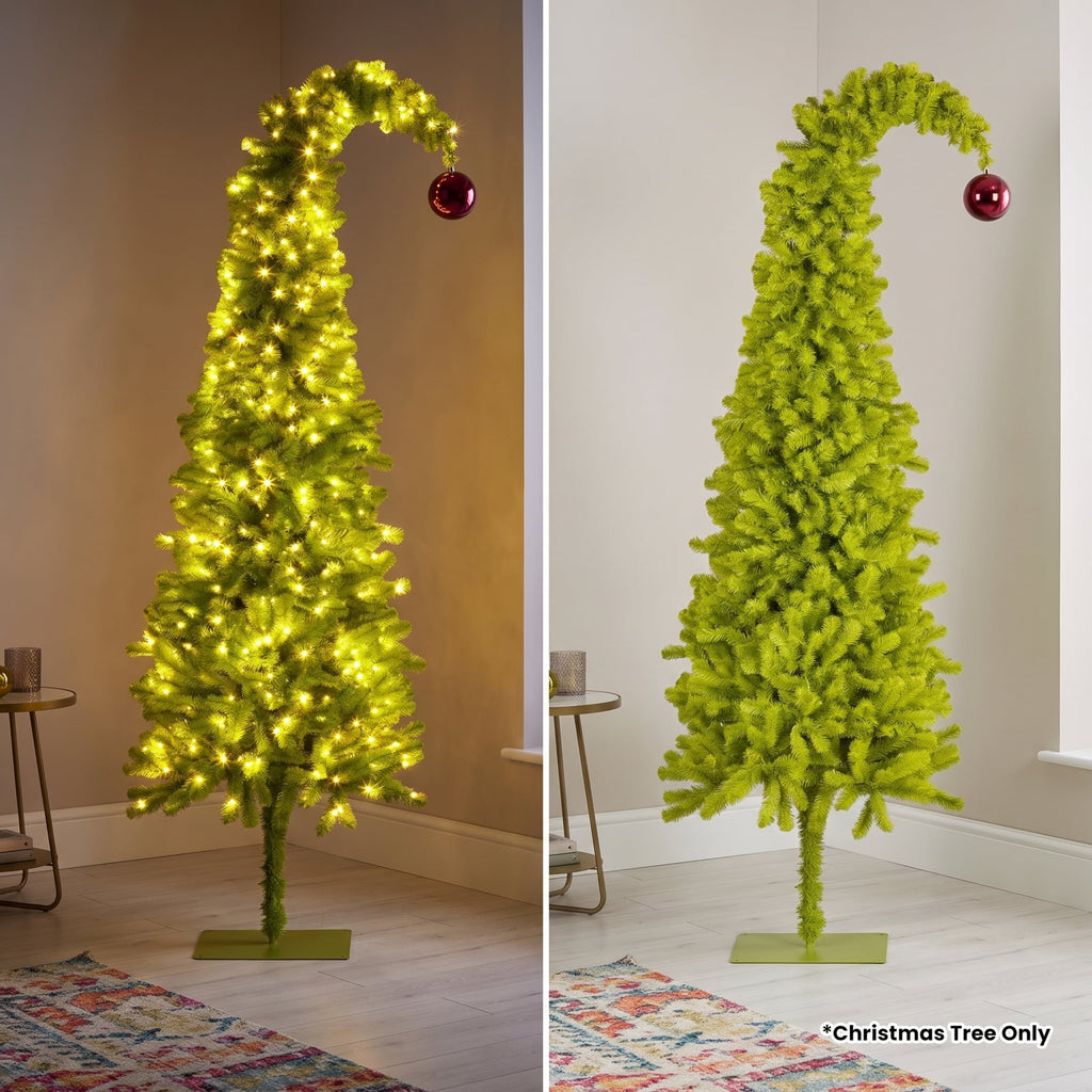 Christabelle 1.8m 6ft Gremlin Christmas Tree Pre Lit Green White LED Curved Top Red Bauble Artificial Indoor Xmas Decor